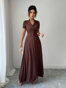 SHEIN Elenzya 优雅通勤棕色翻领纽扣装饰A字后背蝴蝶结短袖连衣裙（女款） - 棕色 - 查看 6