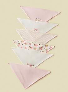 6pcs Baby Cotton Bibs, Ditsy Floral Embroidery Triangle Scarf, Suitable For Infants Under 3 Years Old, All Seasons