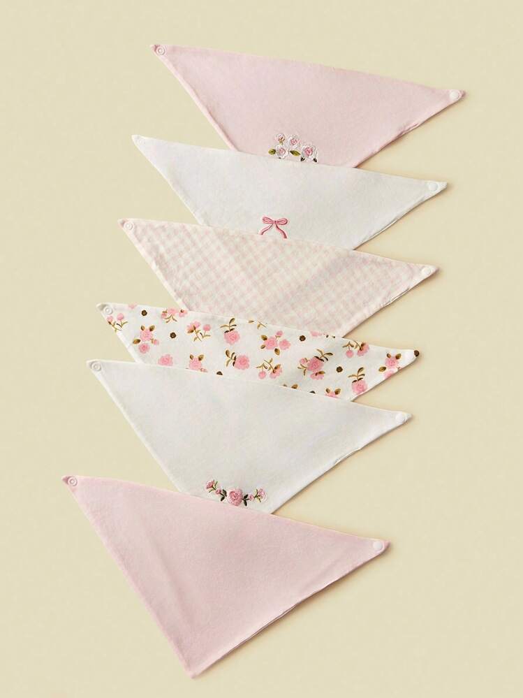 6pcs Baby Cotton Bibs, Ditsy Floral Embroidery Triangle Scarf, Suitable For Infants Under 3 Years Old, All Seasons - Multicolor - View 3