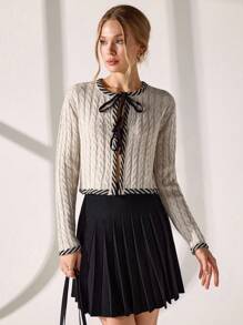 Women Tie Front Contrast Binding Cardigan,Long Cardigans Woman,Petite Cardigans,Cardigans - Cream - View 4