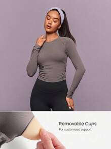 GLOWMODE FeatherFit™ Twist And Flow 圆领 扭背 拇指孔 内置胸罩 长袖上衣 低冲击瑜伽 普拉提 芭蕾 健身房 工作室 日常休闲装 - 深灰色 - 查看 3