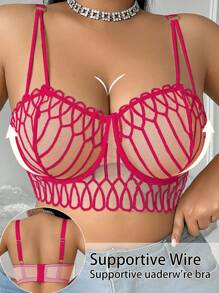 SHEIN 1 pieza Sujetador con aros y parches de malla para tallas grandes - Rosa Fucsia - Ver 4