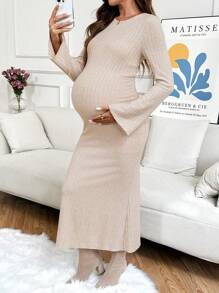 SHEIN Pregnant Women's Solid Color Ribbed Crew Neck Long Sleeve Dress - Khaki - View 6