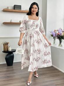 Modelyn Plus Size Women Elegant Tie-Up Waist Printed Long Dress - Beige - View 6