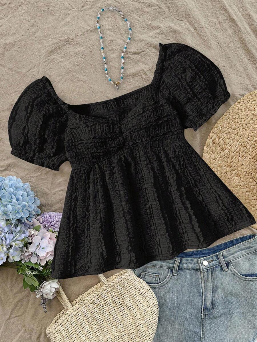 SHEIN Kids Summer Outfits  Squishy Teen Girls Black Sweet Puff Sleeves Retro Texture Fabric T-Shirt, Short Sleeve T-Shirt, Casual T-Shirt Black Babydoll Top Babydoll Top With Sleeves Teen Girl Babydoll Top Cute Black Tops Summer Babydoll Top Black Babydoll Top With Sleeves Black Puff Sleeve Top Black Knit Top Summer Tops - Black - View 1