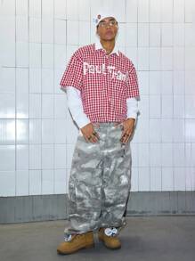 ROMWE MEN Paul Frank X ROMWE Men's Letter & Cartoon Pattern Plaid Short Sleeve Shirt - Red - View 5