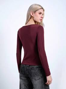Maija Women's Burgundy Asymmetrical Twist Collar Long Sleeve Fitted T-Shirt, Fashionable, Sexy And Elegant, Versatile Casual Daily Wear Festival