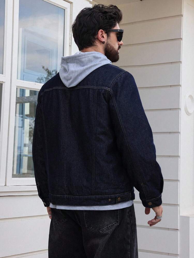 Thick Denim Fabric Winter Insulated Navy Blue Men's Padded Coat Jacket