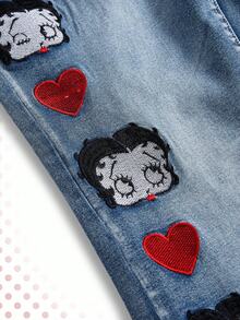 Betty Boop | ROMWE Spring/Summer Plus Size Heart & Figure Embroidered Flare Jeans - Blue - View 4