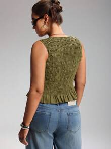 LYSMO Plus Size Women Summer Boho Elastic Ruched Camisole Tank Top Smocked Top Green Top Women,Back To School - Green - View 2