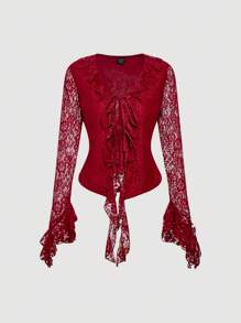 SHEIN MOD V 领荷叶边前系带长袖红色蕾丝衬衫、女式上衣、女式上衣、蕾丝上衣、飘逸上衣、节日、长袖上衣、红色上衣、女式西部风服装、狂欢装、荷叶边上衣 - 紅色 - 查看 1