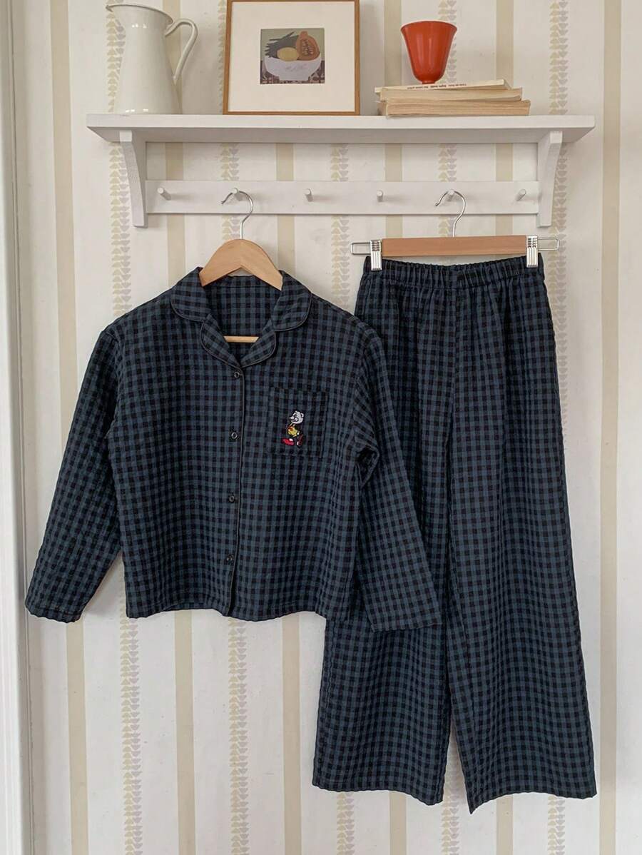 Hapijoa Tween Girl Plaid Long Sleeve & Long Pants Pajama Set - Navy Blue - View 1