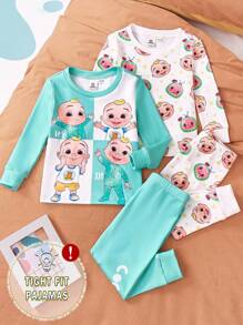 CoComelon X SHEIN 2pcs/Set Baby Boy Cartoon Figure Graphic Rib-Knit Top & Pants Snug Fit Pajamas, Autumn/Winter Fall