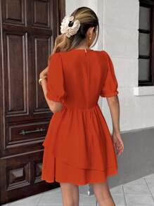 Franclia 夏季休闲纯色泡泡袖连衣裙，夏季连衣裙，学院风校服 - 橘色 - 查看 2