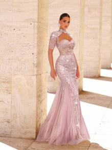 Glamrae Váy đuôi cá lưới đính cườm và sequin sang trọng thanh lịch với thiết kế tay tua rua, thích hợp cho đám cưới, tiệc tùng, vũ hội, tiệc tối (được trang trí nhiều chi tiết) - Bụi hồng - Xem 4