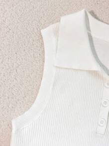 Franclia Nueva camiseta sin mangas de punto con cuello polo de ajuste ceñido para mujer, suéter de punto blanco para la universidad - Blanco - Ver 4