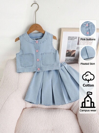 Young Girl Light Wash Casual Loose Denim Vest & Full Elastic Waist Pleated Denim Skirt, Minimalist Fashion Versatile Outfit For Daily Wear