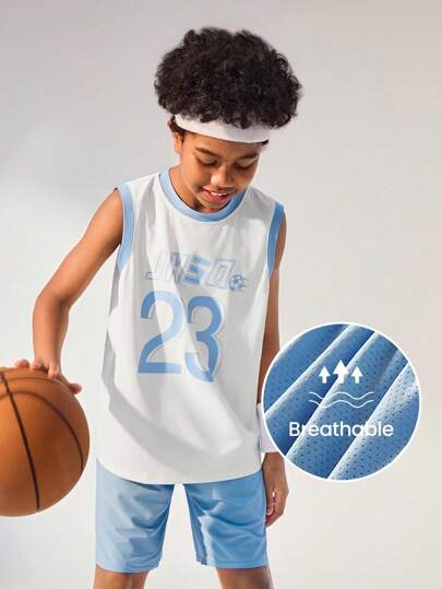 JNSQ Back To School Outdoor Sports Short Sleeve Shorts Uniform Set, Kids Round Neck Patchwork Contrast Color Funny Print Outdoor Sports Short Sleeve Jersey Set