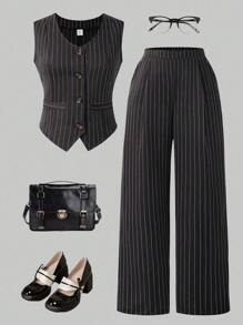 SHEIN 2pcs Set Teenage Elegant Dinner Striped Vest + Suit Pants