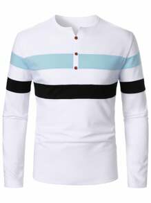 Manfinity Homme Men's V-Neck Long Sleeve Striped Casual Half-Placket T-Shirt, Fall - Multicolor - View 5