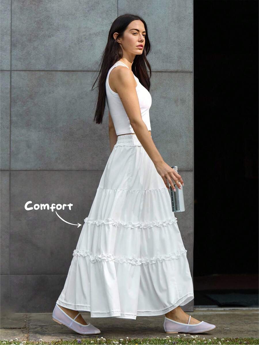 Menodora SHEIN Sport Chân váy chữ A nữ màu trơn, xếp ly eo, viền bèo nhún, kiểu dáng thường ngày, thích hợp cho mùa tựu trường, trang phục mùa thu.