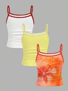 SHEIN Ensemble de 3 pièces pour préado filles et hauts de style décontracté en maille avec imprimé floral tropical de cerise, d'orange et d'hibiscus. Collection de vêtements cool pour les sorties en famille, la saison des vacances, le mode plage, les accessoires de vacances, maillots de bain pour enfants
