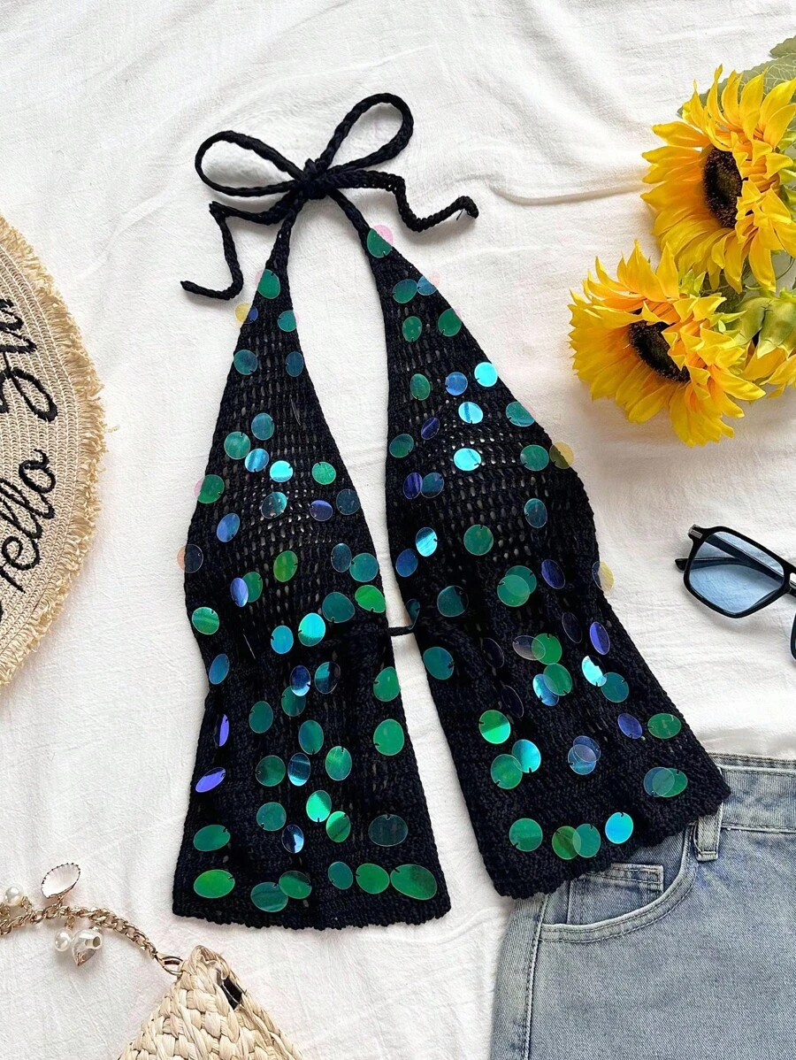 Soleia Sexy V-Ausschnitt Träger-Camisole mit rückenfreiem Bindebund und Fake-Schuppen-Dekor für Frauen, geeignet für Urlaub, Date, Nachmittagstee, Reise, Musikfestival, Boho-Stil, Küste, Strand, Sommer - Schwarz - Übersicht 1