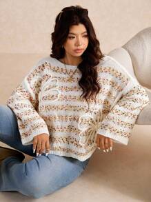Elaquor Plus Size Striped Embroidered Floral Mixed Yarn Casual Loose Knit Pullover Sweater For Women Autumn Winter Clothes For Women Fall/Winter - White - View 2