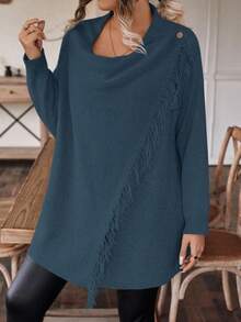 1 件女士加大码纯色长袖不对称流苏开衫，适合秋冬季 - 藍色 - 查看 6