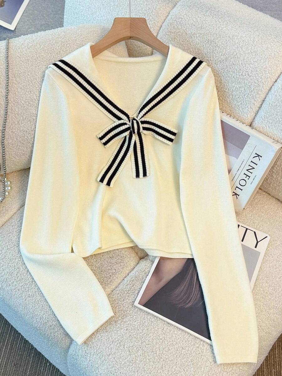 Franclia 休闲日式学院风圆领针织毛衣女针织套头衫秋冬 - 白色 - 查看 1