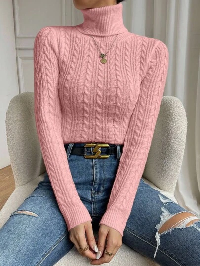 Almamuse Suéter de cuello alto de punto de cable de unicolor informal para mujer, jersey de punto para otoño e invierno