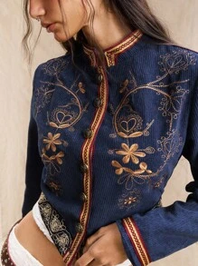 Easelle 灯芯绒大衣 初秋外套 夹克 刺绣 刺绣风格 波西米亚风 西部游牧风 - 藏蓝色 - 查看 9
