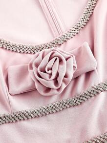 SHEIN MOD Women's Rhinestone Embellished Pink Straight Crew Neck Dress - Pink - View 3