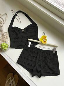 SHEIN EZwear 女式夏季度假纹理露背背心和超短裤套装 - 黑色 - 查看 6