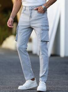 Manfinity Homme 男士街头时尚休闲多口袋紧身灰色牛仔裤 - 灰色 - 查看 8