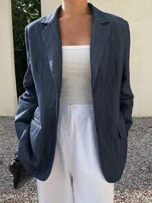 DAZY 女士宽松长袖口袋翻领休闲西装外套，秋季女装商务装 - 灰色 - 查看 1