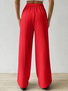 SHEIN EZwear 红色夏季纯色纹理褶皱面料宽松抽绳腰带纯棉休闲度假阔腿裤，大码，假日 - 紅色 - 查看 2