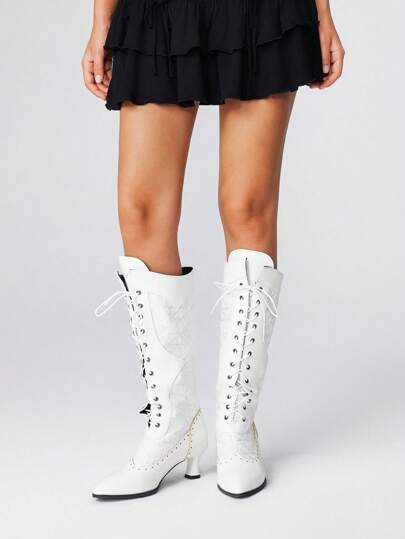 Fairycore Hollow Mesh Kitten Heel Lace-Up Tall Boots, Fashionable And Versatile