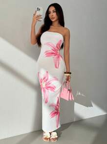 SHEIN PETITE Women's Elegant Floral Print Strapless Dress, Summer