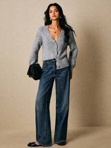 Poéselle Women's Solid Color Arched V-Neck Long Sleeve Single-Breasted Knitted Cardigan In Fall/Winter - Grey - View 3