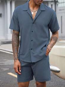 Manfinity Homme 男士休闲纯色简约纽扣衬衫和短裤套装 - 深色水洗藍 - 查看 4
