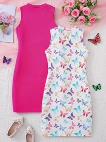 Sparklyn 2pcs Tween Girl Summer Casual Butterfly Print Sleeveless Fitted Dress - Multicolor - View 2