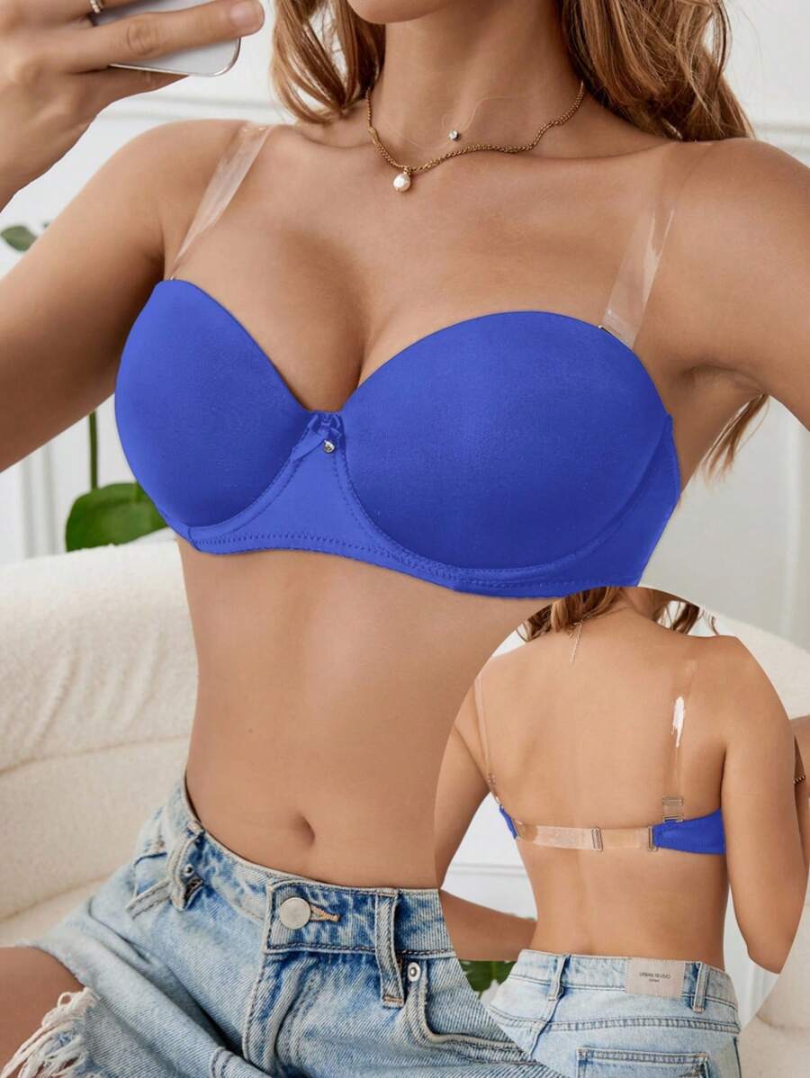 1 件女士透明肩带钢圈文胸 - 寶藍色 - 查看 1