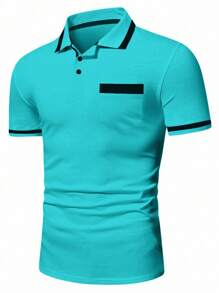 Calvornis Men's Casual Contrast Color Cuff Button Half-Placket Polo Shirt Teal Shirts For Men Turquoise Clothes Men Men Polo Shirts Golf Shirt For Men Zipper Polo Shirt - Peacock Blue - View 4