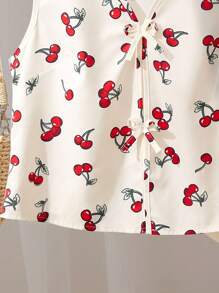 Sparklyn 2 buc/set fete adolescente la modă sport drăguț simplu model cireșe cu bowknot cu decolteu în V camisol și pantaloni scurți casual, naveta și purtare zilnică