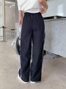 SHEIN Quần dài thường ngày dệt trơn màu chắp vá hai lớp nhún bèo cho bé gái tuổi teen - màu đen - Xem 5