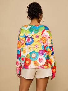 SHEIN VCAY Cardigan à imprimé floral avec nœud, vêtements de style décontracté pour la saison automne-hiver, idéal pour les femmes en tailles plus