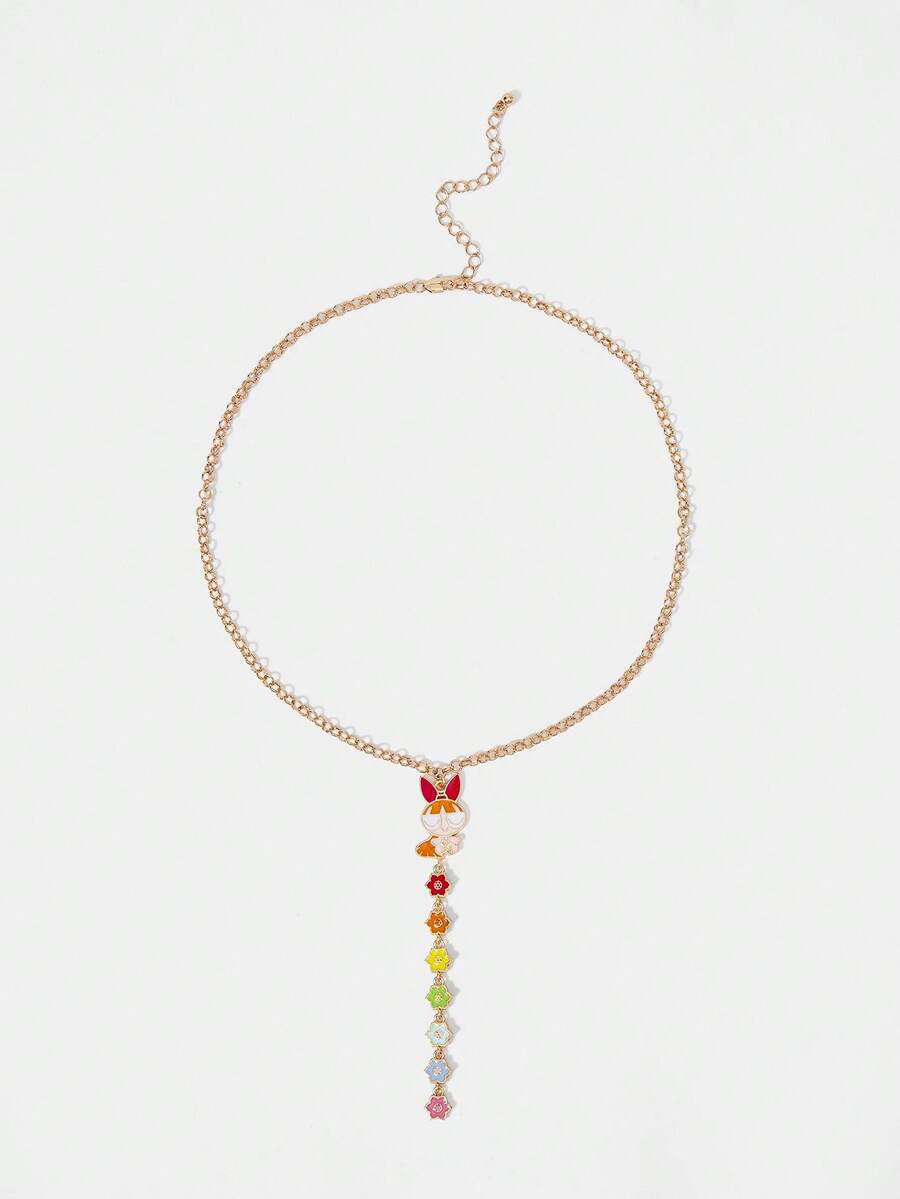 THE POWERPUFF GIRLS X SHEIN Colorblock Flowers & Blossom Pattern Pendant Necklace - Yellow Gold - View 1