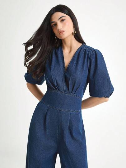 Daynim 女式休闲V领灯笼袖牛仔连体裤