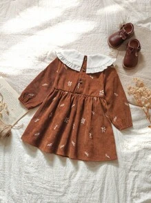 Vintaside Kids Babygirl 女婴春秋款花领长袖优雅时尚连衣裙，适合外出、露营或家庭聚会等日常穿着 - 棕色 - 查看 2